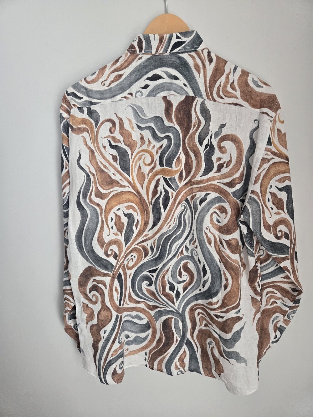 MARCEL MASSIMO Long-Sleeve Linen Shirt in Brown & Gray Button-Up - Picture 9 of 15